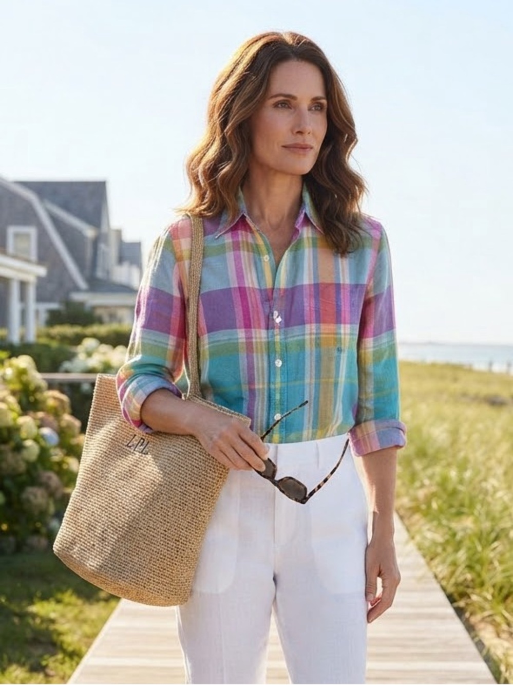 Lauren Ralph Lauren Pastel pink blue Plaid pink linen Button-Down Shirt M/L